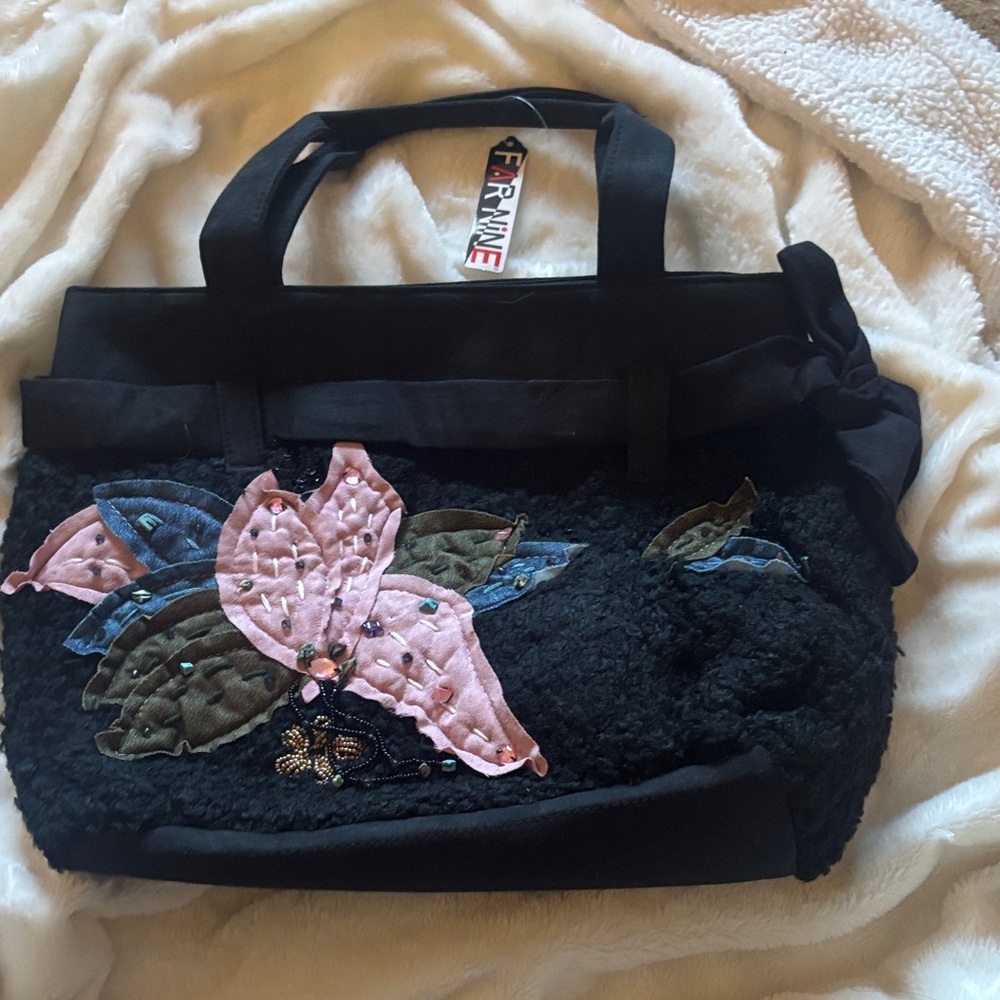 Black Floral Appliqué Tote Bag with Side Knot